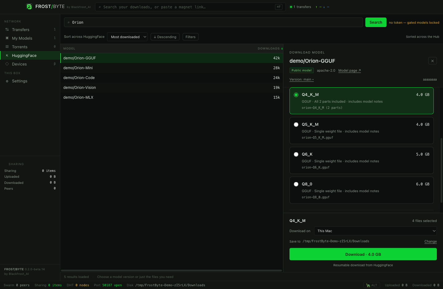 HuggingFace model chooser with one GGUF version selected and its split files grouped together.