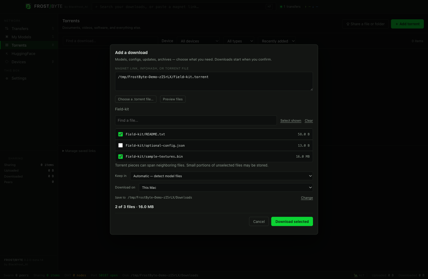 Torrent review showing two of three example files selected.