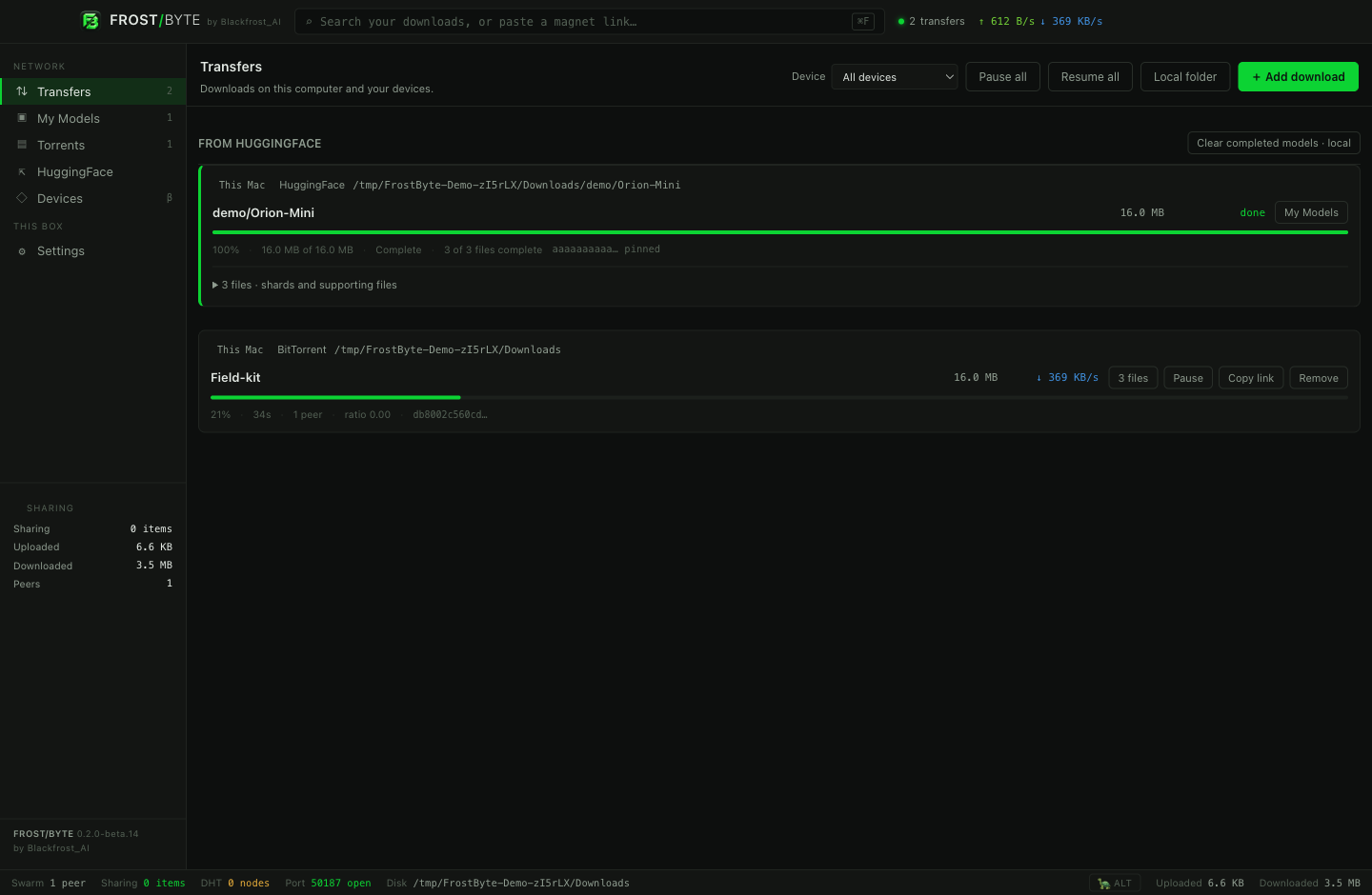 An active BitTorrent download displaying progress, download rate, peer count and pause controls.