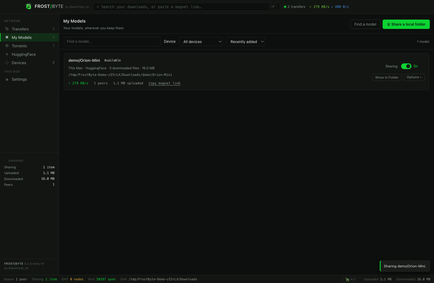 My Models inventory with a sharing switch and live upload statistics.