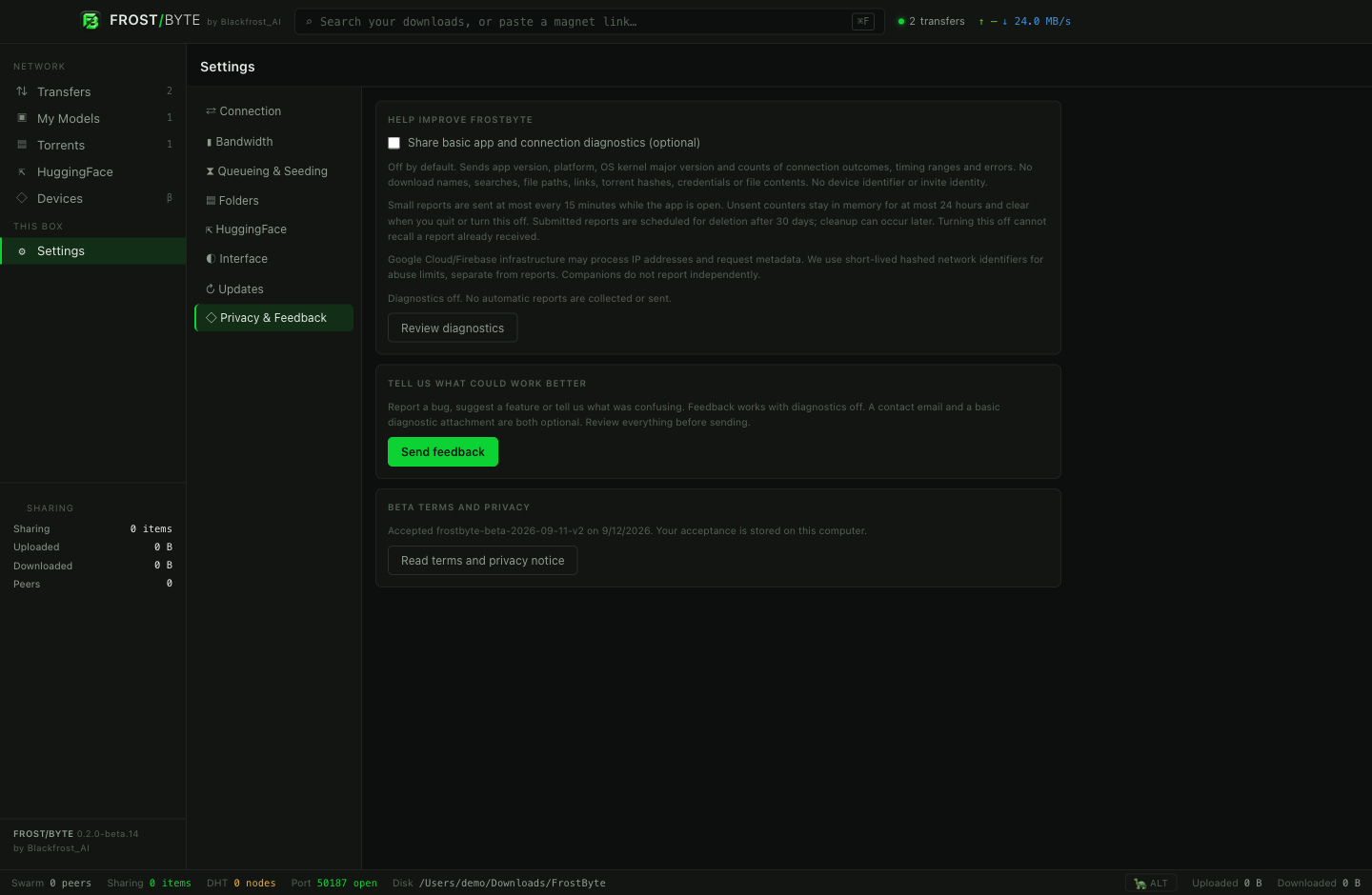 Privacy and Feedback settings with automatic diagnostics unchecked, a review button and the feedback action.