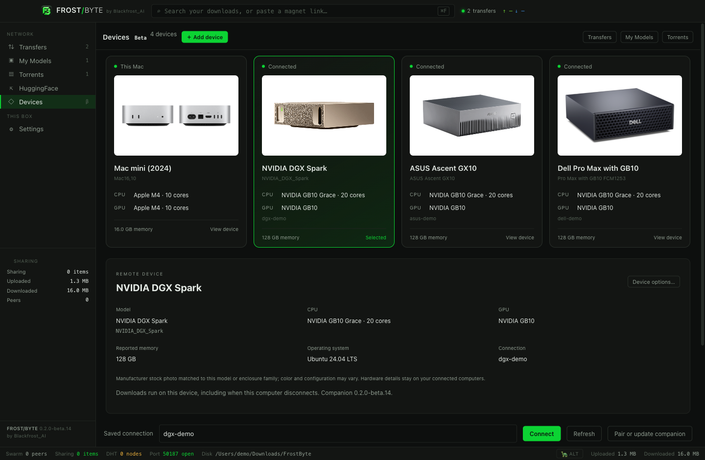 Beta.14 Devices page showing Mac mini, NVIDIA DGX Spark, ASUS Ascent GX10 and Dell Pro Max with GB10 photos, CPU and GPU details.