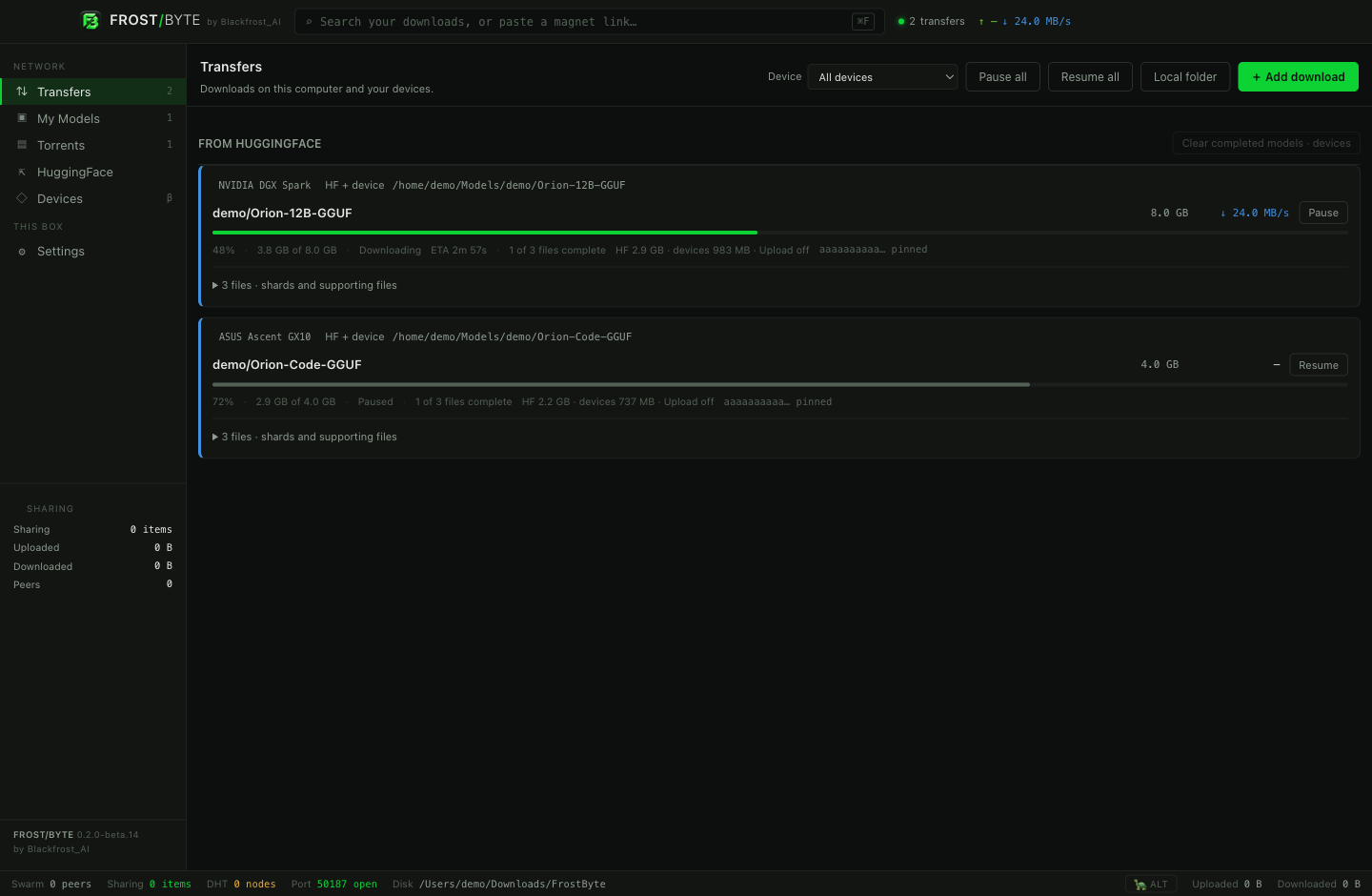 Two model transfers on NVIDIA and ASUS devices, with shards collapsed into one card per model and separate download and paused states.