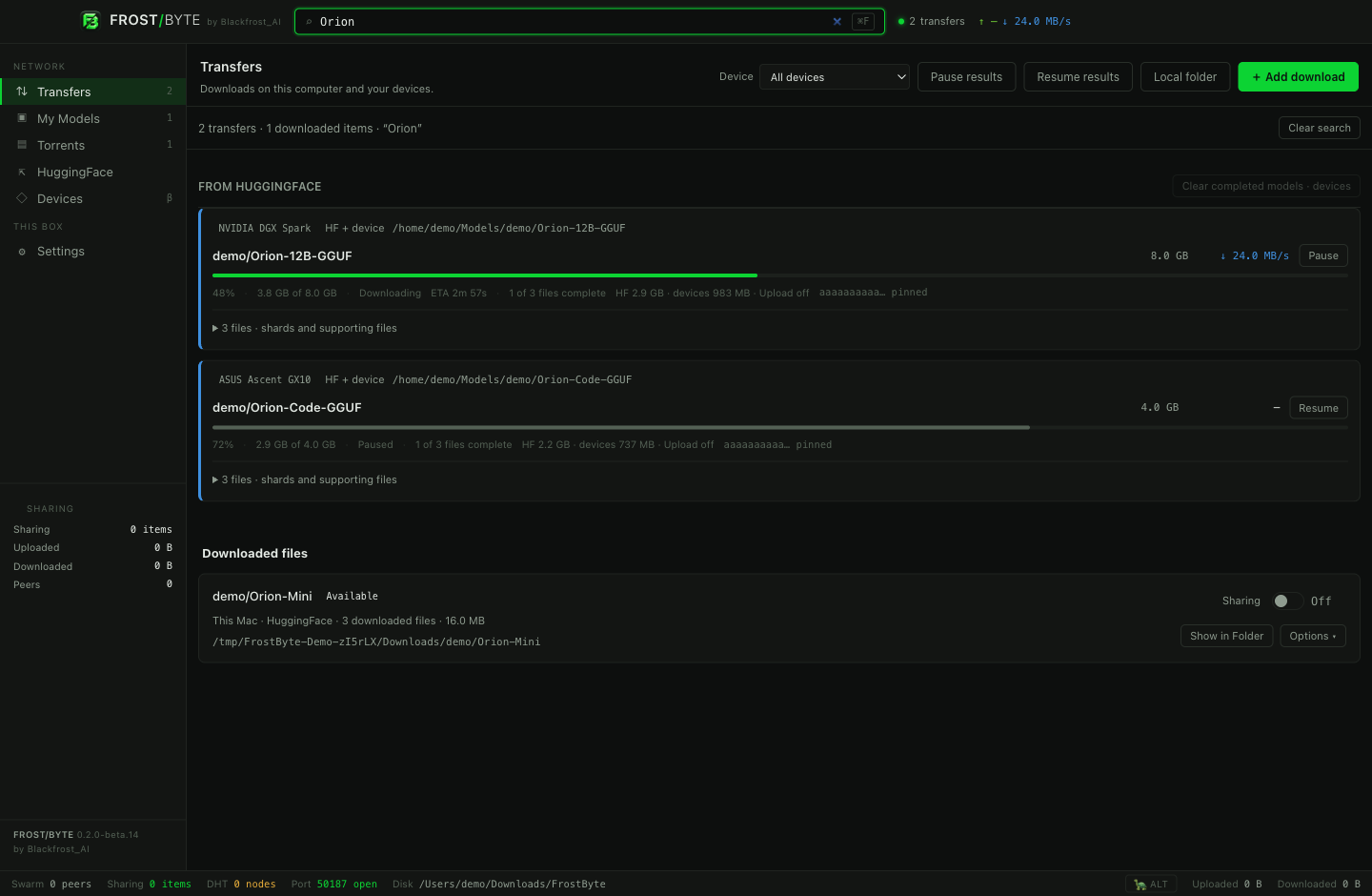 Download search in Transfers showing grouped model progress on two demo devices and a recorded local model.