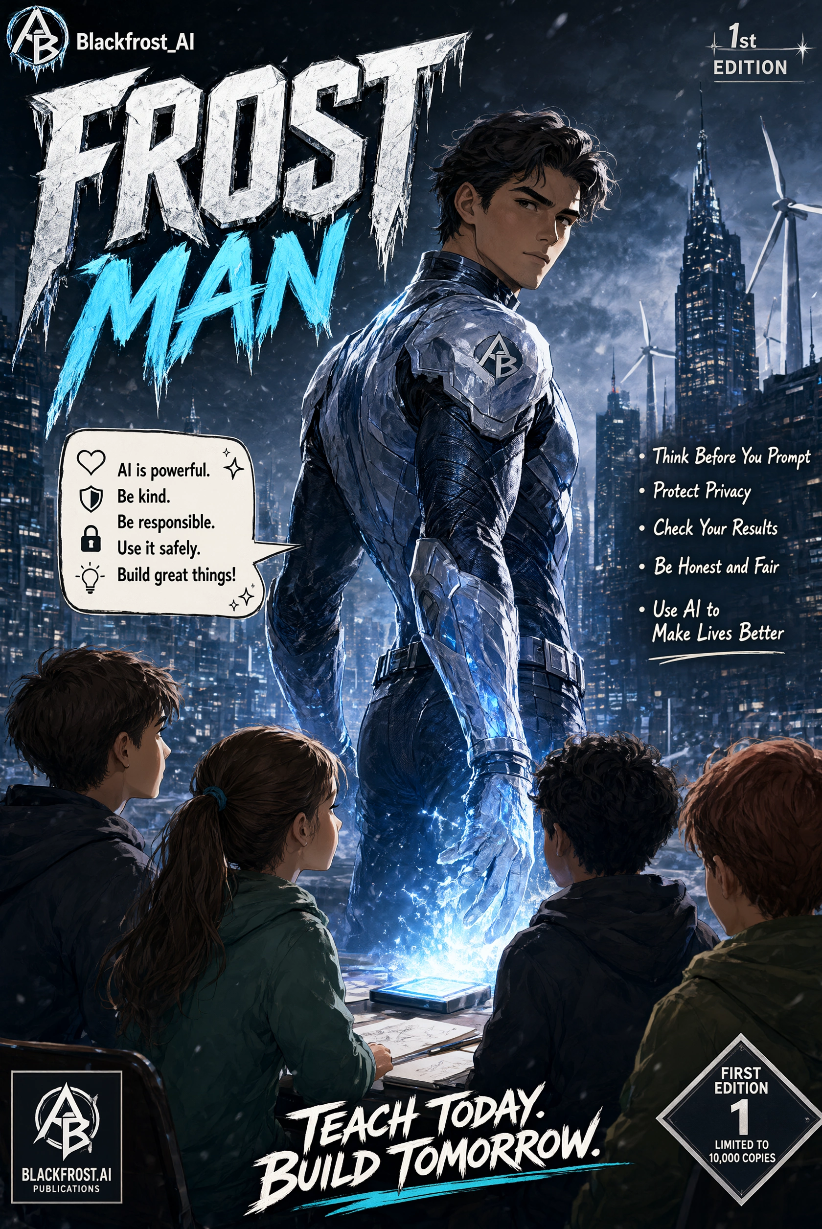 The original Frost Man first-edition cover: the ice-armored hero and four young students.