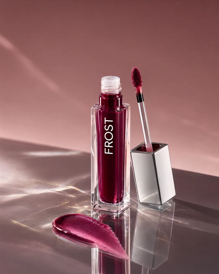 AI-generated beauty packaging concept: Prism. Glossy lip stain. Berry translucence.