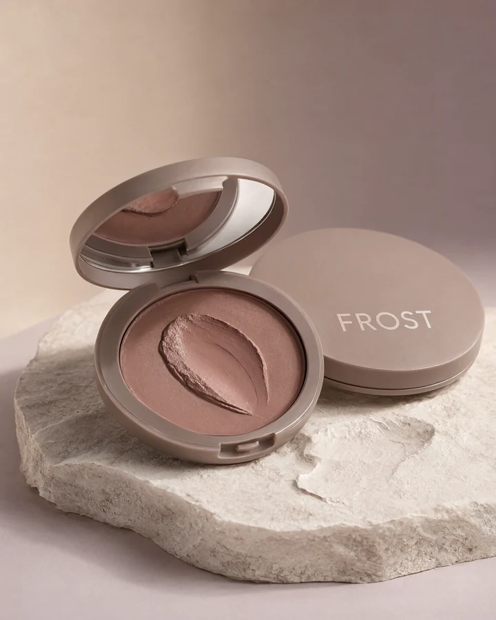 AI-generated beauty packaging concept: Hush. Muted cream blush. A quiet, skin-adjacent flush.