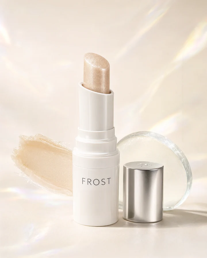 AI-generated beauty packaging concept: Halo. Pearl highlighting stick. Light at the inner corner.