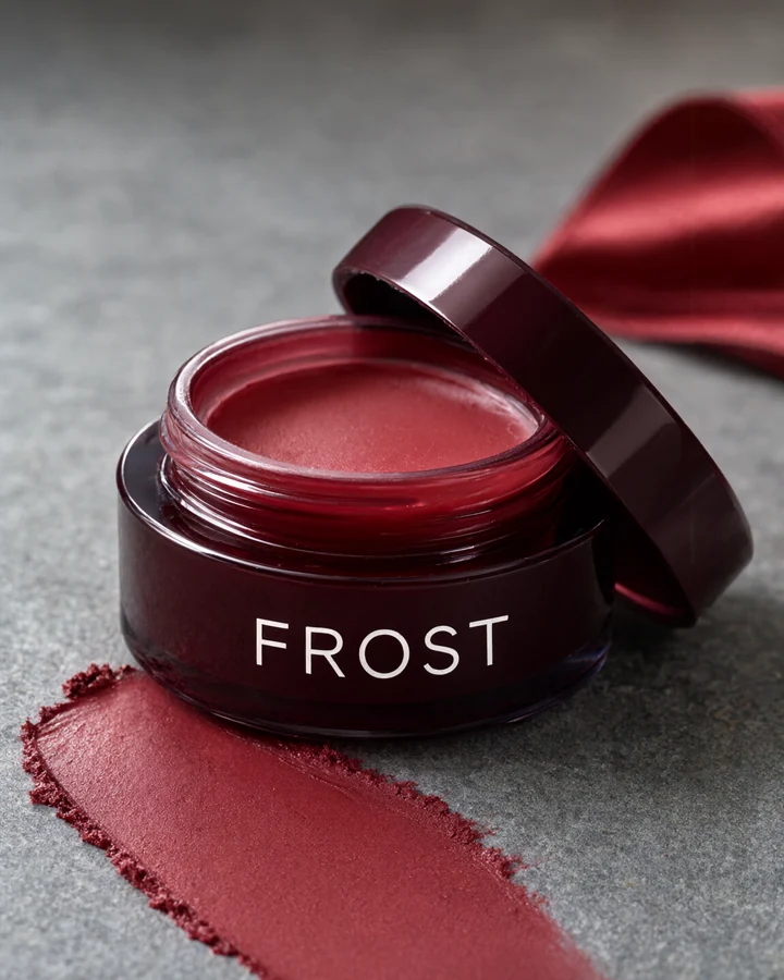 AI-generated beauty packaging concept: Cranberry. Lip-and-cheek balm. A richer winter flush.