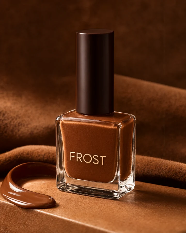 AI-generated beauty packaging concept: Suede. Brown nail lacquer. Tactile autumn neutrals.