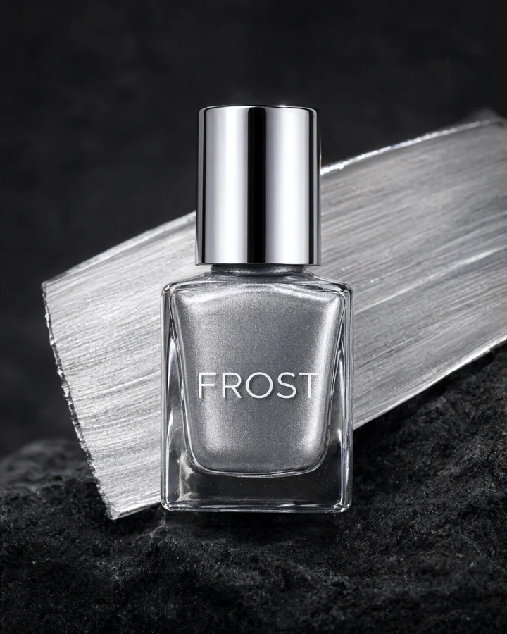 AI-generated beauty packaging concept: Quicksilver. Metallic nail lacquer. Jewelry-like silver.