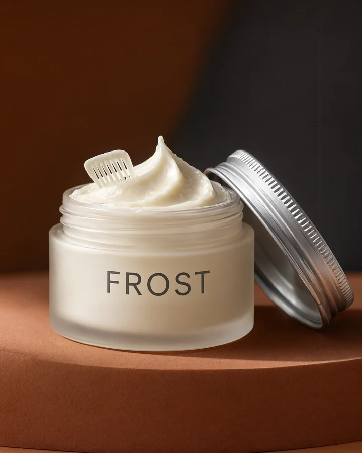 AI-generated beauty packaging concept: Arc. Sculpting hair cream. Hair treated as an accessory.