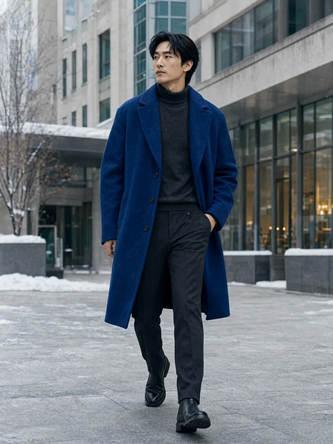 AI-generated winter fashion photograph: City Blue. Precisely tailored cobalt wool overcoat, charcoal merino rollneck, slim charcoal trousers and black Chelsea boots.
