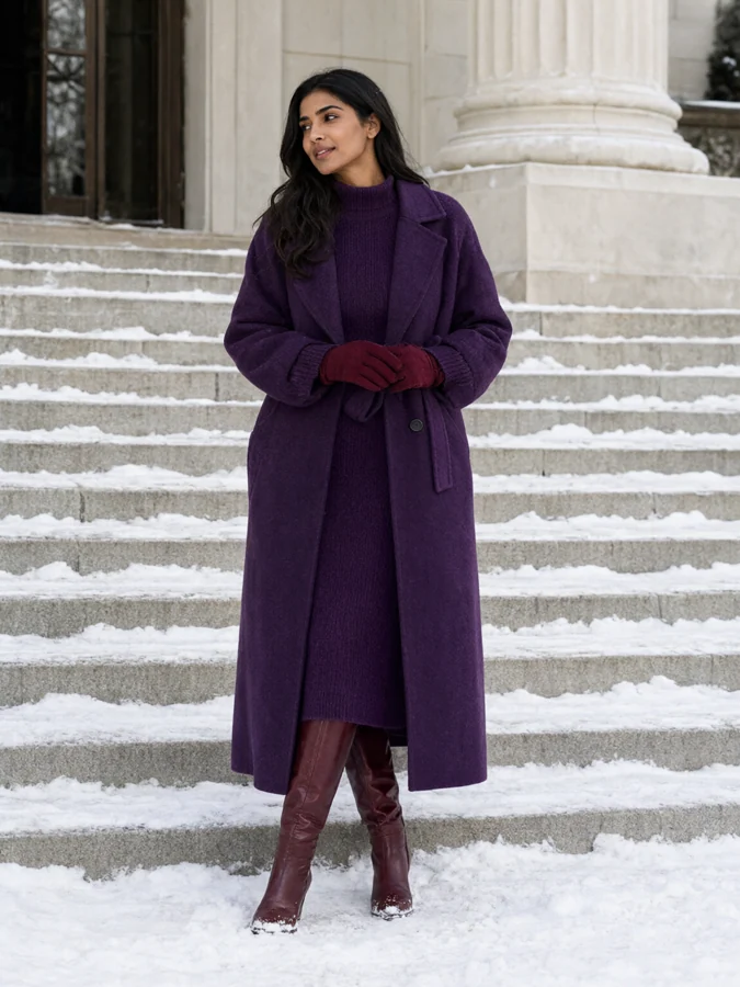 AI-generated winter fashion photograph: Plum Hour. Deep regal purple belted wool coat over a matching knitted midi dress, burgundy gloves and tall leather boots.