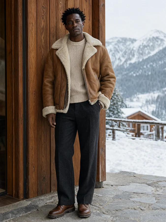 AI-generated winter fashion photograph: Tactile Earth. Tobacco faux-shearling jacket with cream lining, ribbed ecru sweater, dark straight wool trousers and sturdy brown boots.