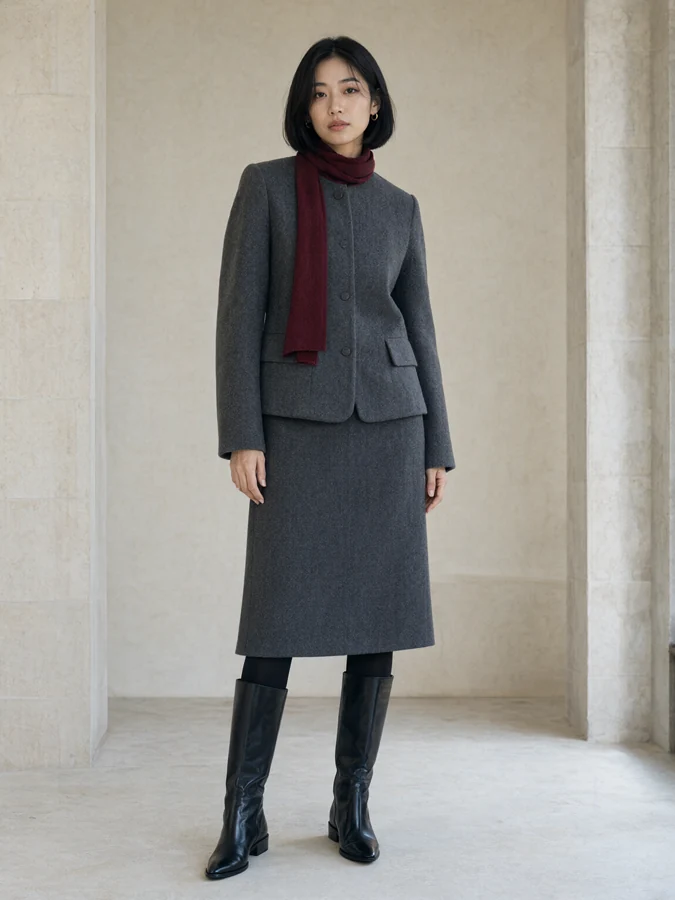 AI-generated winter fashion photograph: Quiet Geometry. Fitted slate-grey collarless wool jacket and matching midi skirt, black tights, knee-high black boots and a narrow burgundy scarf.