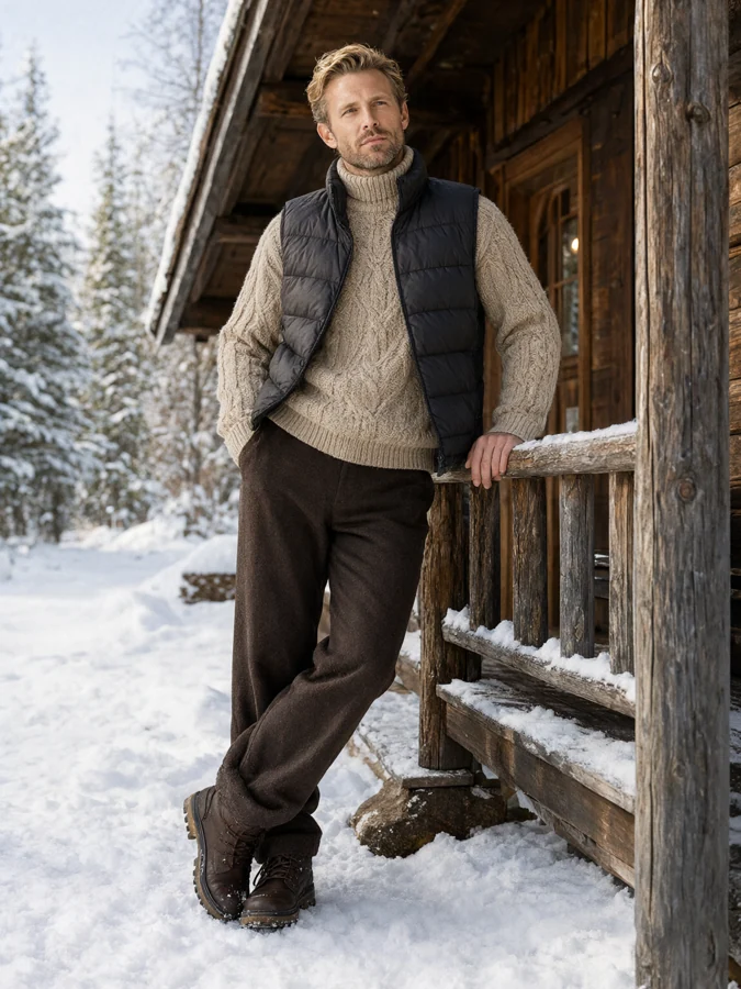 AI-generated winter fashion photograph: Nordic Texture. Oatmeal cable-knit sweater beneath a charcoal quilted vest, chocolate wool trousers and lug-soled winter boots.