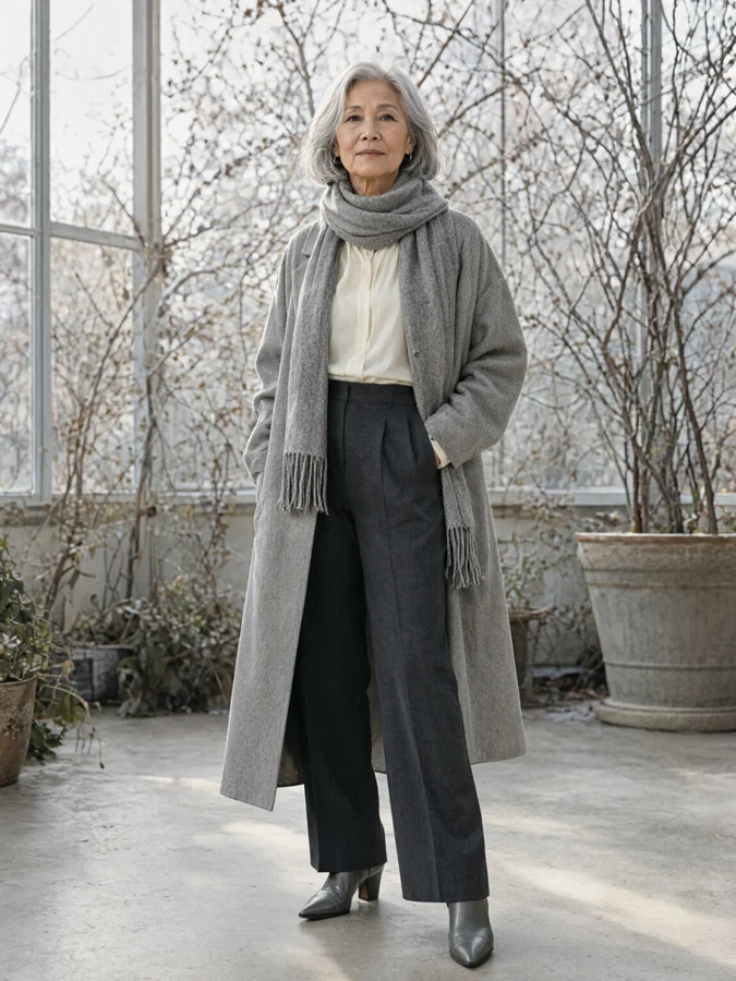 AI-generated winter fashion photograph: Silver Season. Soft silver-grey cashmere wrap coat, ivory blouse, tailored charcoal trousers, grey scarf and polished ankle boots.