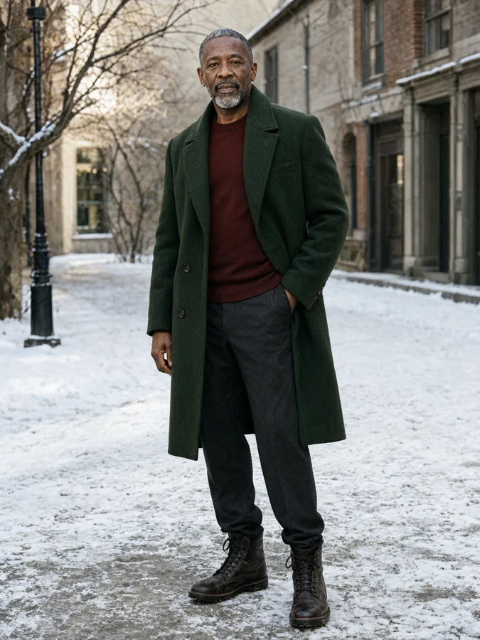 AI-generated winter fashion photograph: The Long View. Deep forest-green wool coat, fine oxblood sweater, charcoal trousers and lace-up leather winter boots.