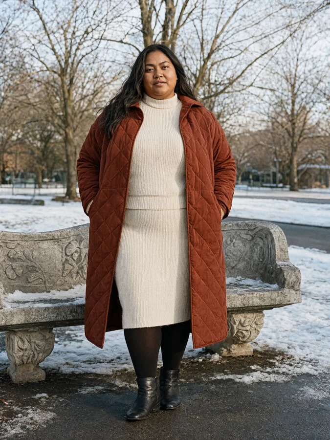 AI-generated winter fashion photograph: Warm Volume. Russet quilted long coat, cream rib-knit matching top and skirt, black tights and flat black boots.