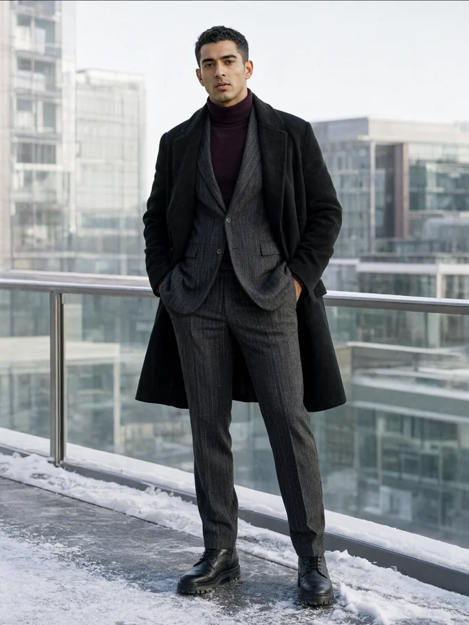 AI-generated winter fashion photograph: Graphite Study. Charcoal fitted wool suit with a fine chalk stripe, a dark plum rollneck and a black cashmere overcoat, winter boots.