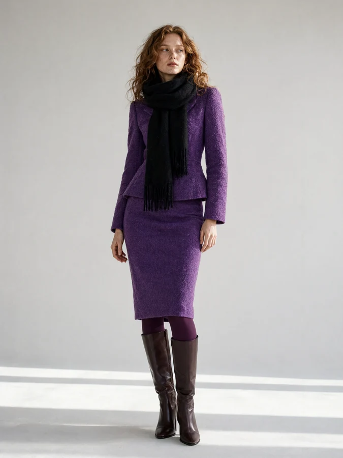 AI-generated winter fashion photograph: A Touch of Violet. Violet textured wool peplum jacket, matching pencil skirt, dark plum tights, knee-high boots and long black wool scarf.