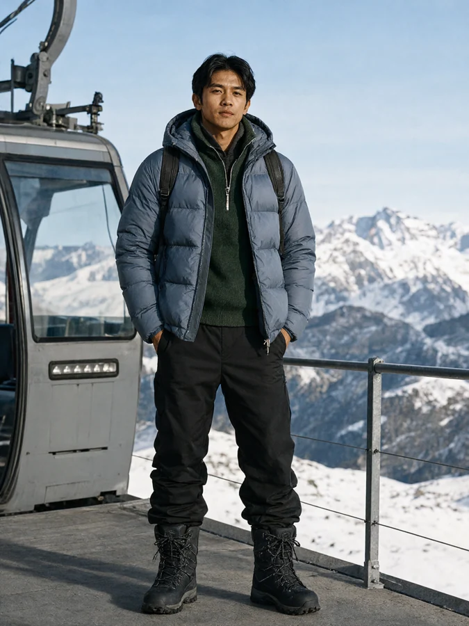 AI-generated winter fashion photograph: Alpine Utility. Slate-blue technical puffer, dark green merino layers, straight insulated black trousers and substantial winter hiking boots.