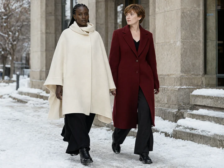 AI-generated winter fashion photograph: Two in Contrast. First model wears an ivory wool cape with black trousers; second wears an oxblood fitted overcoat with charcoal trousers; both wear winter boots.