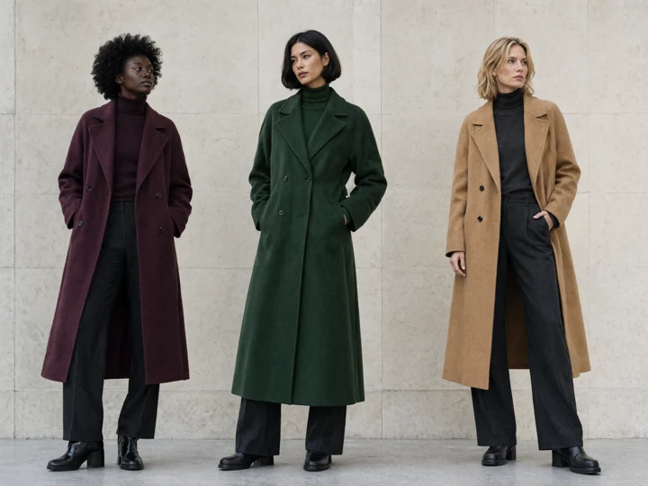 AI-generated winter fashion photograph: Three Tones. Three distinct fitted coats in aubergine, forest green and camel; coordinated dark wool trousers, fine-knit layers and winter boots.
