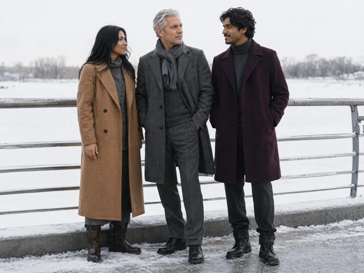 AI-generated winter fashion photograph: Shared Season. Contemporary tailored coats in camel, graphite and plum, scarves and layered merino knits, wool trousers and winter boots, no ceremonial clothing.