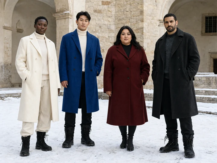 AI-generated winter fashion photograph: Frost, Together. Four different carefully tailored winter coats in ivory, cobalt, oxblood and charcoal, coordinated fine-knit layers, wool trousers and tall winter boots.